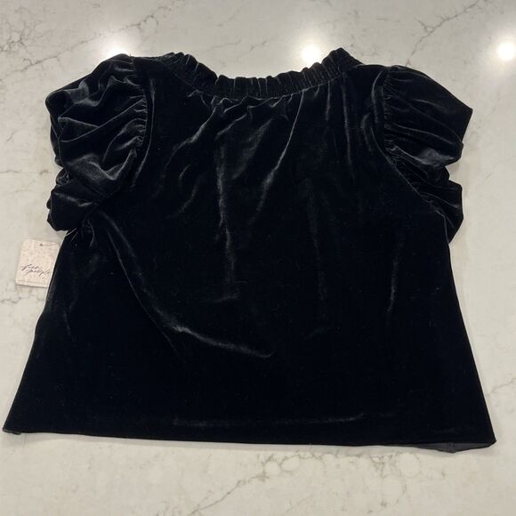 Free People NEW XS Terese Top Black Velvet Cropped Tie Smocked Neck Short Sleeve - Picture 3 of 12